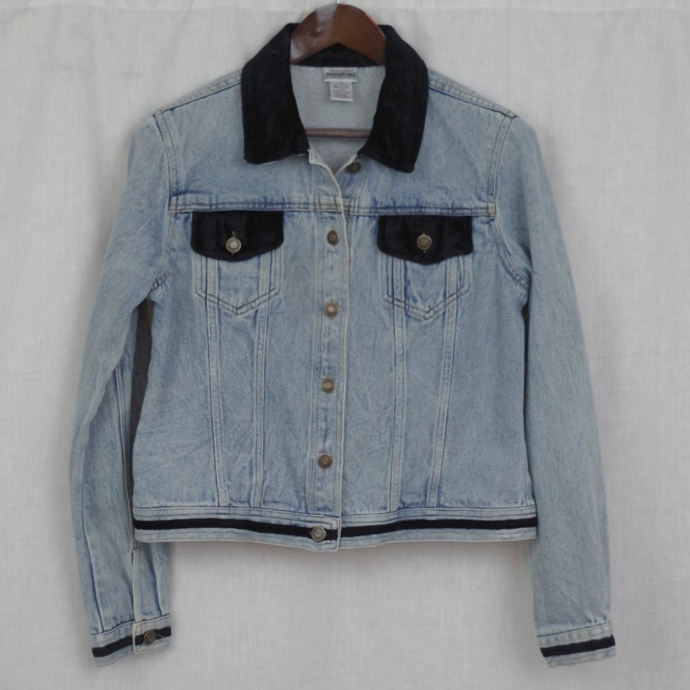 Vintage Light Wash Denim With Velour Trim Jean Jacket SIze 12
